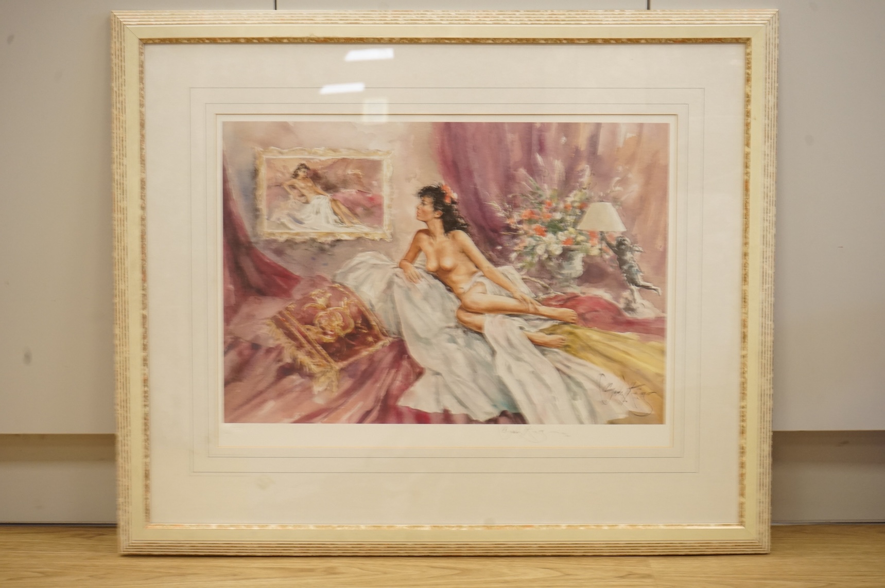 Gordon King (b.1939), Interior scene with semi-nude reclining woman, signed in pencil and limited edition 785/850, Fine Art Trade Guild blindstamped, colour print, details verso, 44 x 61cm